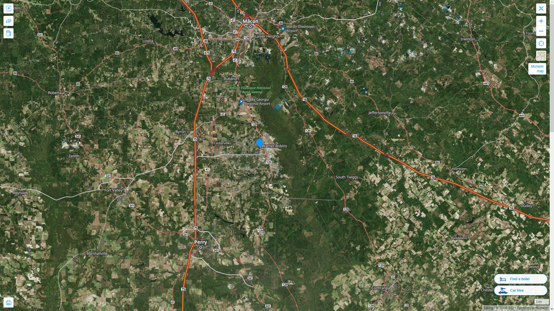 Warner Robins Georgia Highway and Road Map with Satellite View